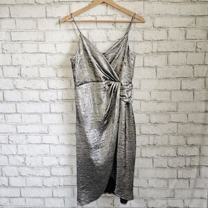 WORTHINGTON Silver Metallic Wrap Dress, XS